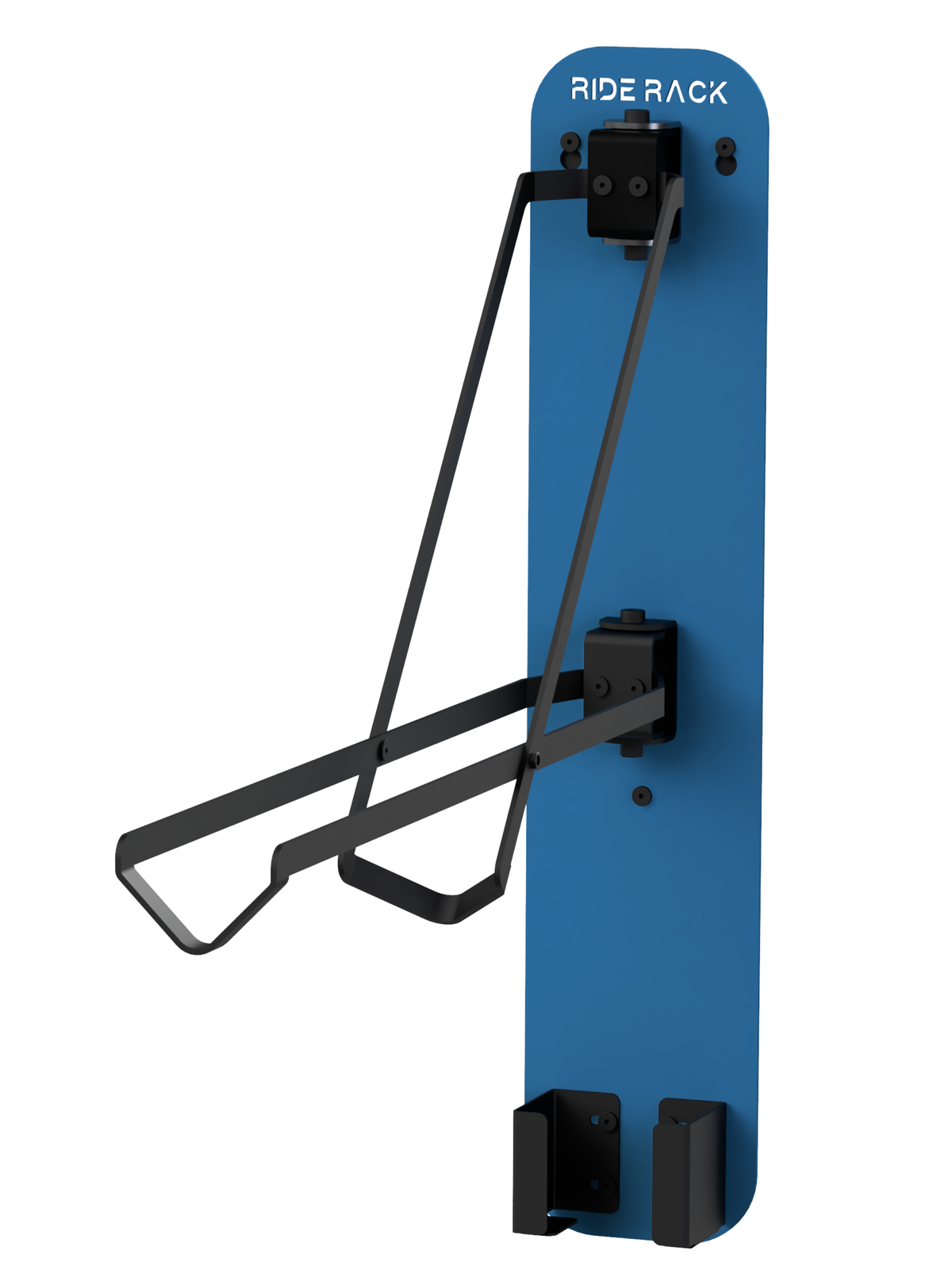 Right-side view of blue RideRack MTB Dock steel wall rack with charger holder