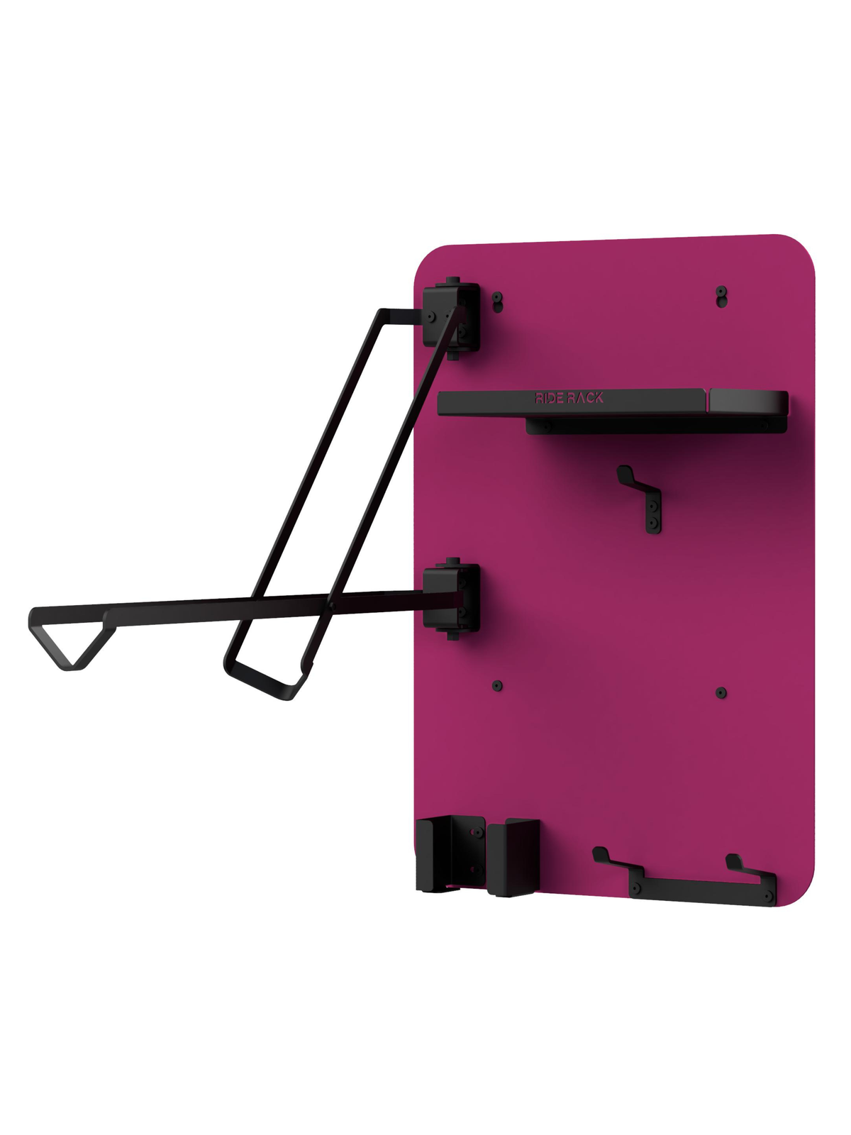 Right-side view of purple RideRack MTB Station with helmet and riding gear hooks