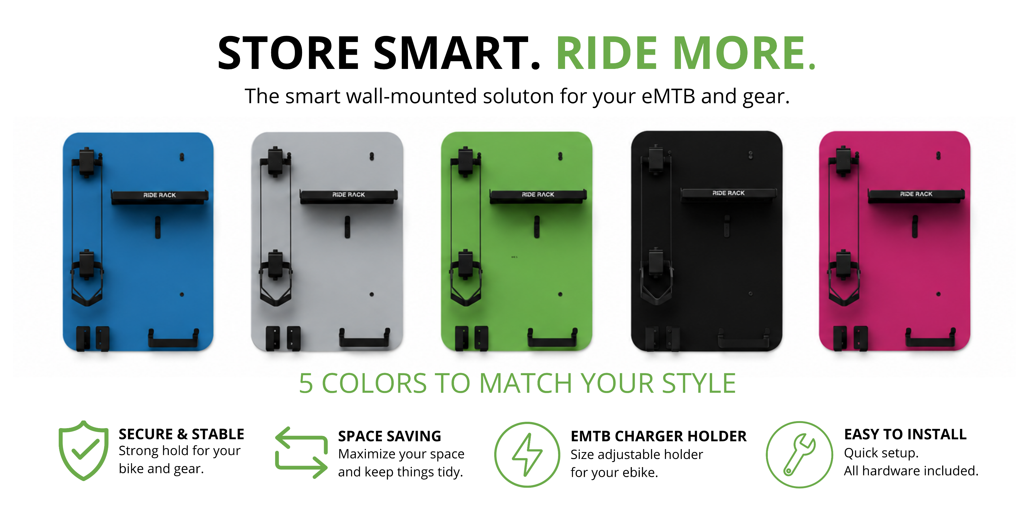 Five wall-mounted bike storage solutions in different colors with features listed.