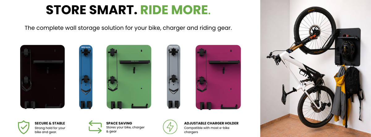 RideRack MTB and e-bike wall mounts in multiple colors with vertical bicycle storage and integrated charger holder.