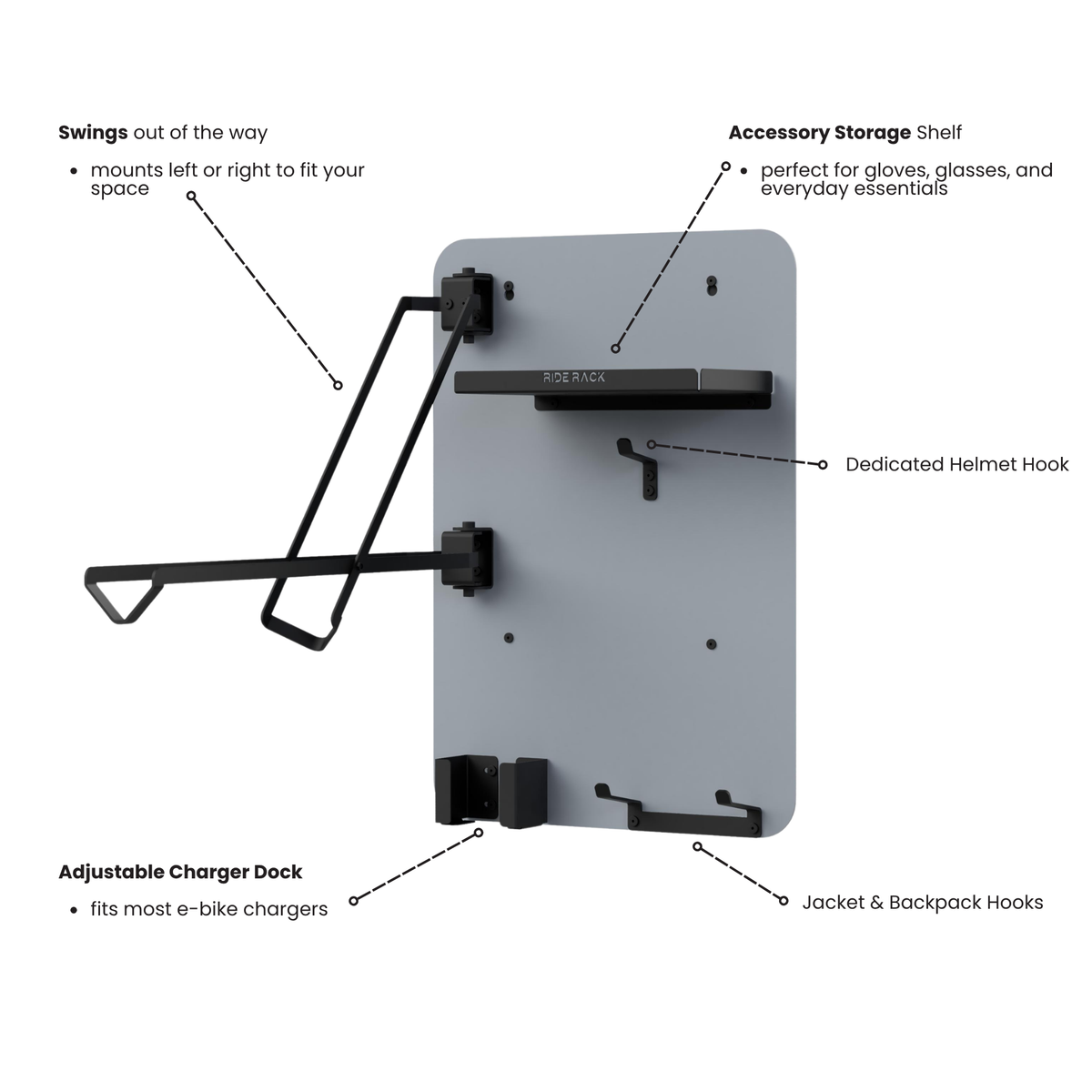 RideRack e-bike wall storage system organizing a mountain bike and riding gear in the garage.