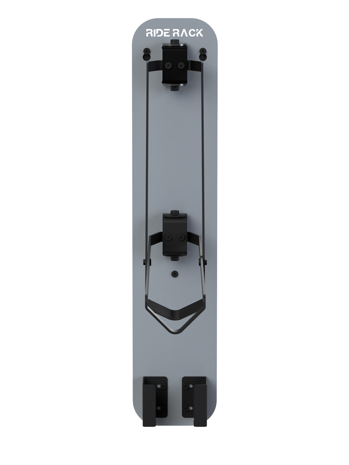 Grey RideRack MTB Dock vertical bike storage system with adjustable charger holder