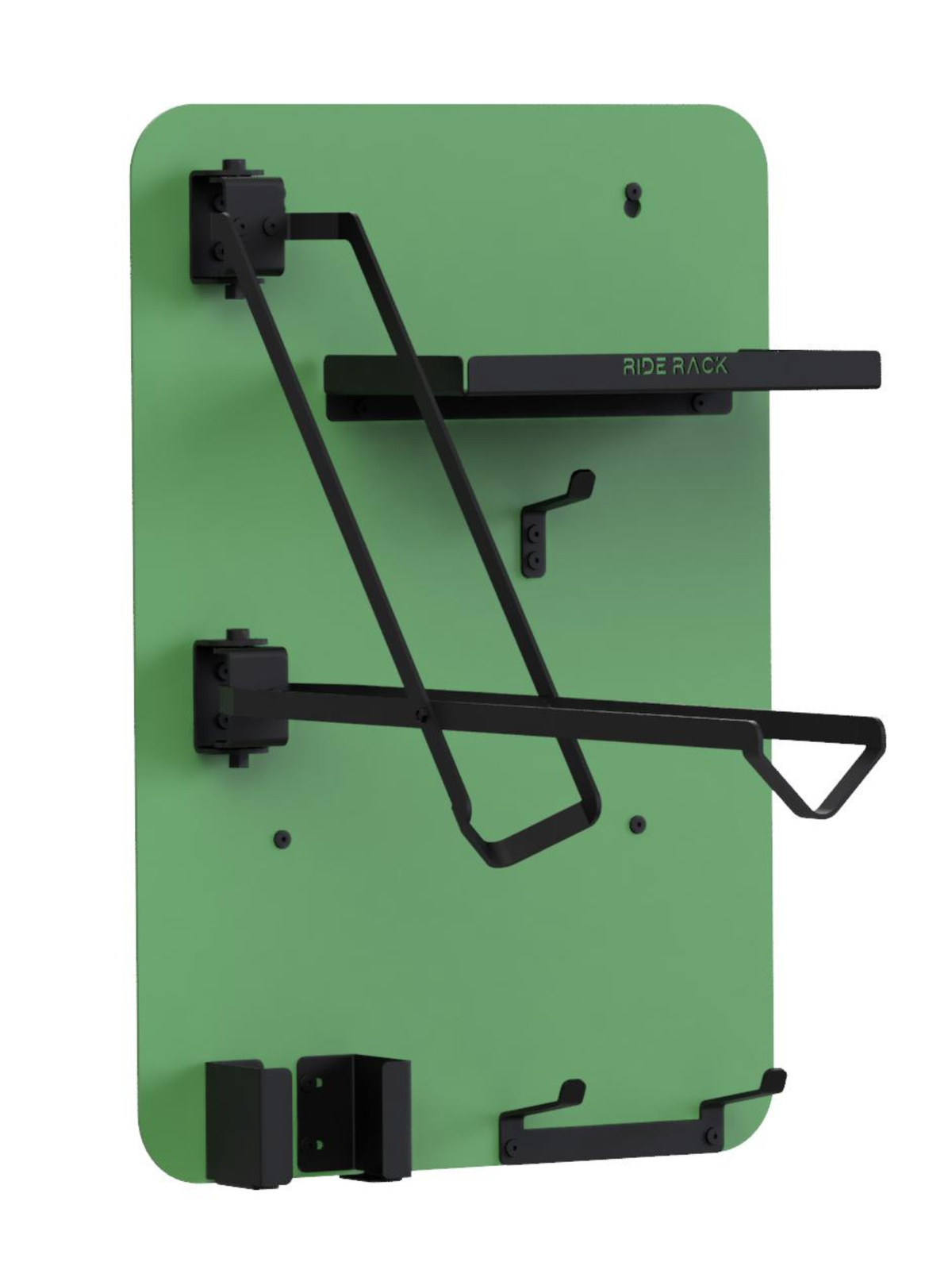 Left-side view of green RideRack MTB Station vertical bicycle storage rack